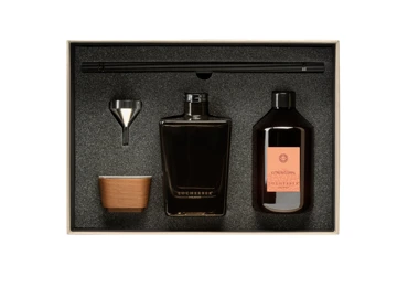 Dárková sada s vůní CITRUS CORAL - flakon aroma difuzéru + náplň 500 ml + tyčinky + trychtýřek + víčko z ořechového dřeva