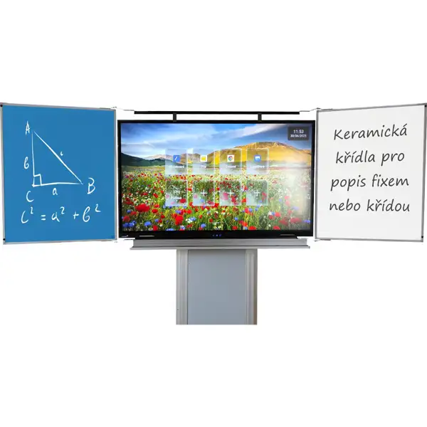 Dotykový displej 86'', 2 modro-bílá křídla a zvedací stojan