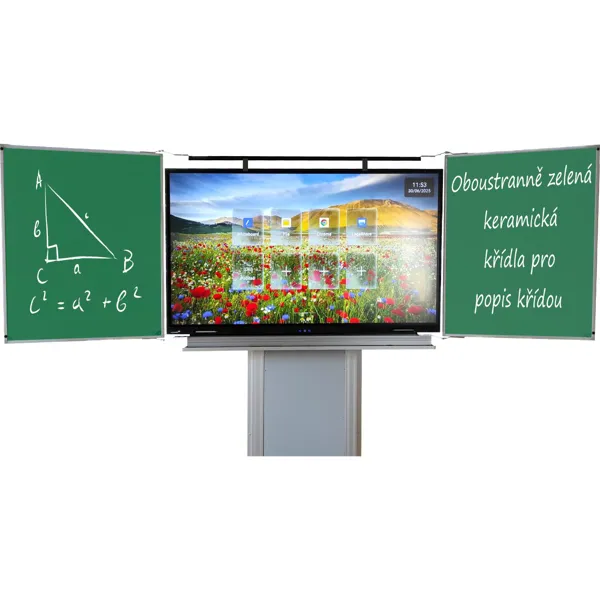 Dotykový displej 86'', 2 zelená křídla a zvedací stojan