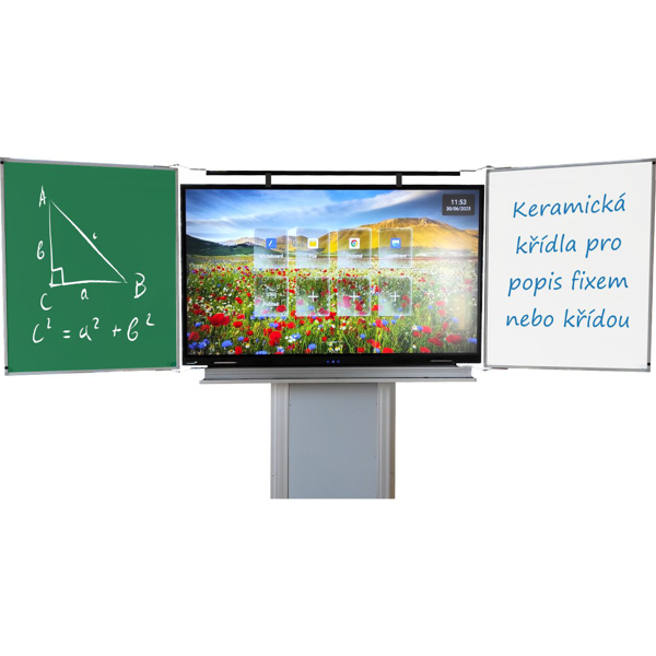 Dotykový displej 86'', 2 zeleno-bílá křídla a zvedací stojan