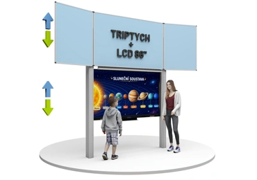 Dotykový displej 86" s tabulí triptych na pylonech, světle modrý povrch