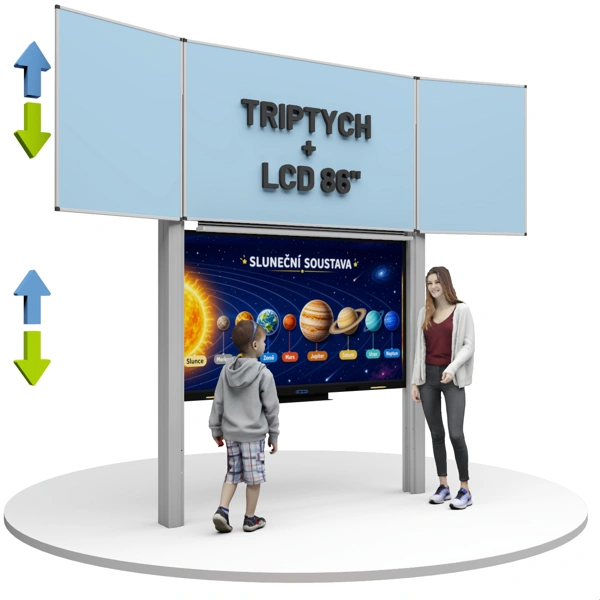 Dotykový displej 86" s tabulí triptych na pylonech, světle modrý povrch