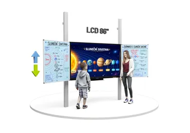 Dotykový LCD displej 86" se dvěma světle modrými křídly, na pylonech
