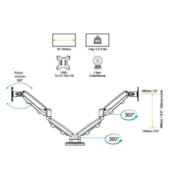 Držák monitoru Fellowes EPPA 2 ramena vedle sebe černý