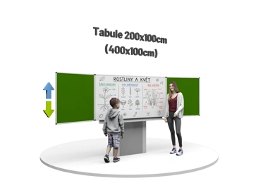 Třídílná keramická magnetická tabule Triptych 400/200x100 cm na zvedacím stojanu, bílá tabule, zelená křídla