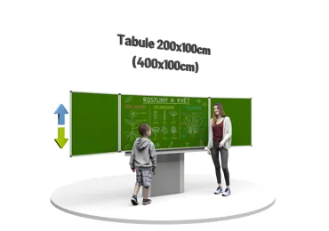 Třídílná keramická magnetická tabule Triptych 400/200x100 cm na zvedacím stojanu, zelená tabule, zelená křídla