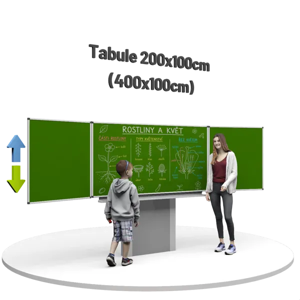Třídílná keramická magnetická tabule Triptych 400/200x100 cm na zvedacím stojanu, zelená tabule, zelená křídla