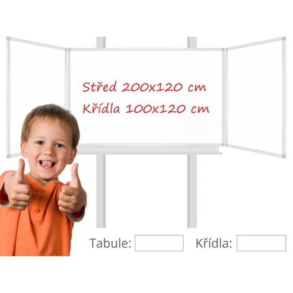 Třídílná keramická magnetická tabule Triptych 400/200x120 cm na pylonech, bílá tabule, bílá křídla