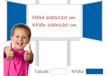 Třídílná keramická magnetická tabule Triptych 400/200x120 cm na pylonech, bílá tabule, modrá křídla