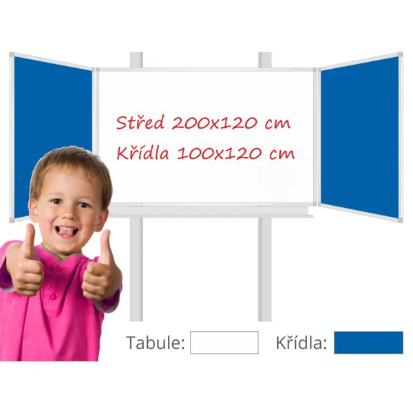Třídílná keramická magnetická tabule Triptych 400/200x120 cm na pylonech, bílá tabule, modrá křídla