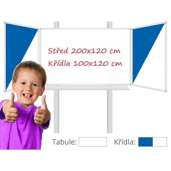 Třídílná keramická magnetická tabule Triptych 400/200x120 cm na pylonech, bílá tabule, modro/bílá křídla