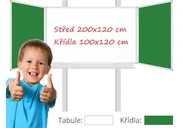 Třídílná keramická magnetická tabule Triptych 400/200x120 cm na pylonech, bílá tabule, zelená křídla