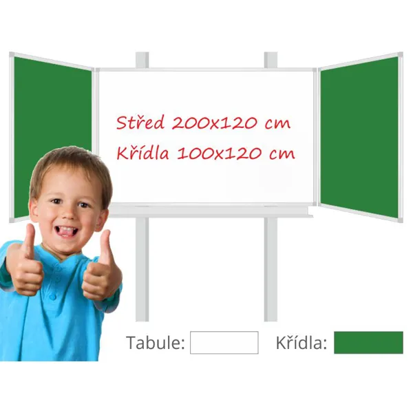 Třídílná keramická magnetická tabule Triptych 400/200x120 cm na pylonech, bílá tabule, zelená křídla