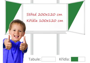 Třídílná keramická magnetická tabule Triptych 400/200x120 cm na pylonech, bílá tabule, zeleno/bílá křídla