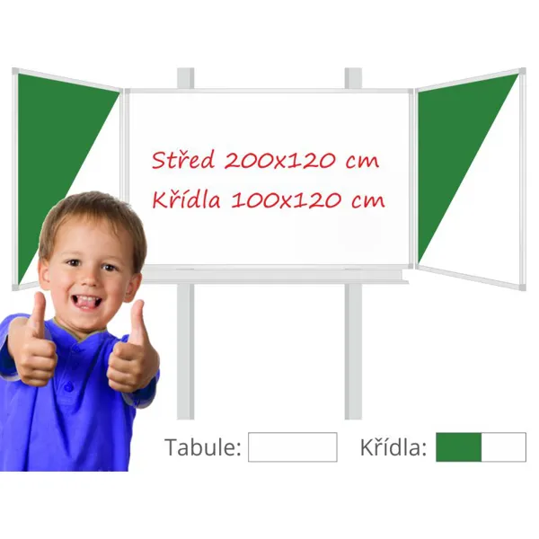 Třídílná keramická magnetická tabule Triptych 400/200x120 cm na pylonech, bílá tabule, zeleno/bílá křídla