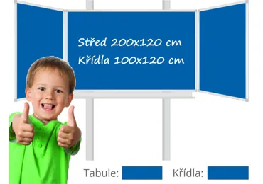 Třídílná keramická magnetická tabule Triptych 400/200x120 cm na pylonech, modrá tabule, modrá křídla