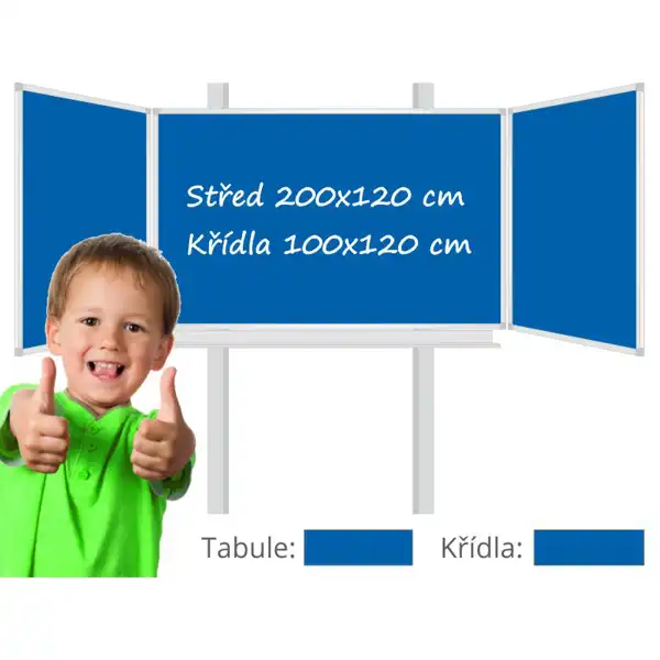 Třídílná keramická magnetická tabule Triptych 400/200x120 cm na pylonech, modrá tabule, modrá křídla