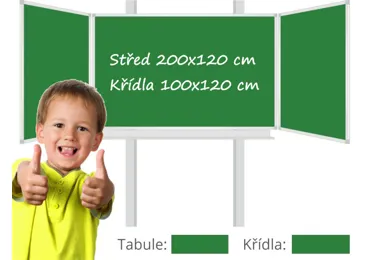 Třídílná keramická magnetická tabule Triptych 400/200x120 cm na pylonech, zelená tabule, zelená křídla