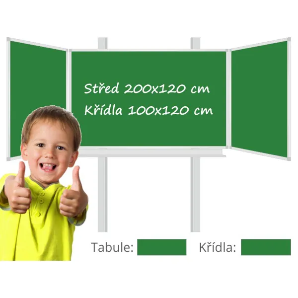Třídílná keramická magnetická tabule Triptych 400/200x120 cm na pylonech, zelená tabule, zelená křídla