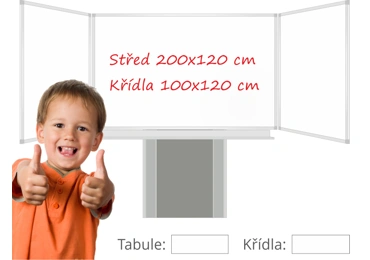 Třídílná keramická magnetická tabule Triptych 400/200x120 cm na zvedacím stojanu, bílá tabule, bílá křídla