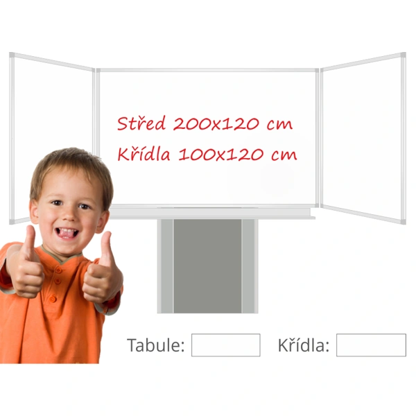 Třídílná keramická magnetická tabule Triptych 400/200x120 cm na zvedacím stojanu, bílá tabule, bílá křídla