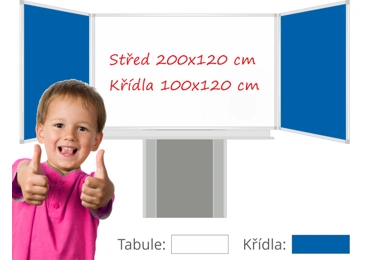 Třídílná keramická magnetická tabule Triptych 400/200x120 cm na zvedacím stojanu, bílá tabule, modrá křídla