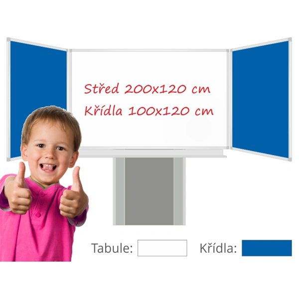 Třídílná keramická magnetická tabule Triptych 400/200x120 cm na zvedacím stojanu, bílá tabule, modrá křídla