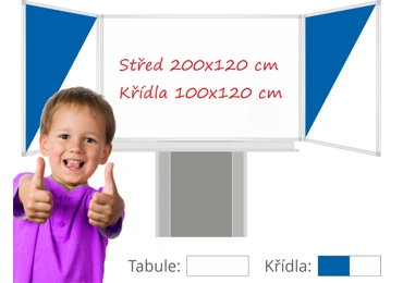 Třídílná keramická magnetická tabule Triptych 400/200x120 cm na zvedacím stojanu, bílá tabule, modro/bílá křídla