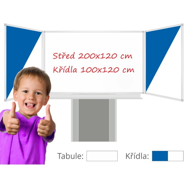 Třídílná keramická magnetická tabule Triptych 400/200x120 cm na zvedacím stojanu, bílá tabule, modro/bílá křídla