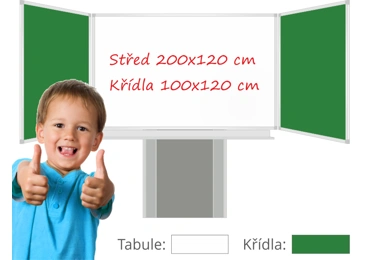 Třídílná keramická magnetická tabule Triptych 400/200x120 cm na zvedacím stojanu, bílá tabule, zelená křídla