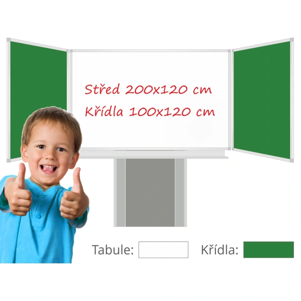 Třídílná keramická magnetická tabule Triptych 400/200x120 cm na zvedacím stojanu, bílá tabule, zelená křídla