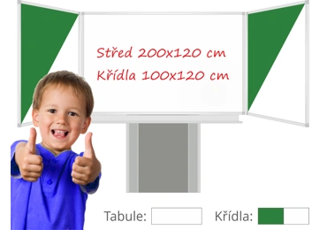 Třídílná keramická magnetická tabule Triptych 400/200x120 cm na zvedacím stojanu, bílá tabule, zeleno/bílá křídla