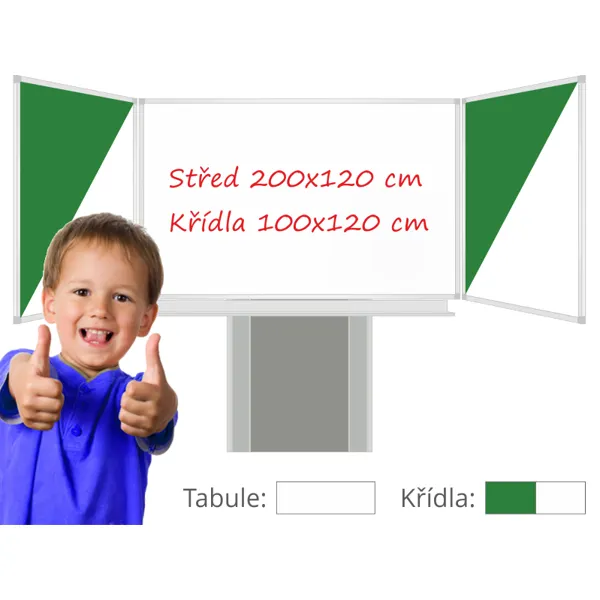 Třídílná keramická magnetická tabule Triptych 400/200x120 cm na zvedacím stojanu, bílá tabule, zeleno/bílá křídla