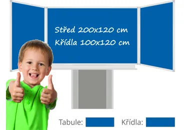 Třídílná keramická magnetická tabule Triptych 400/200x120 cm na zvedacím stojanu, modrá tabule, modrá křídla