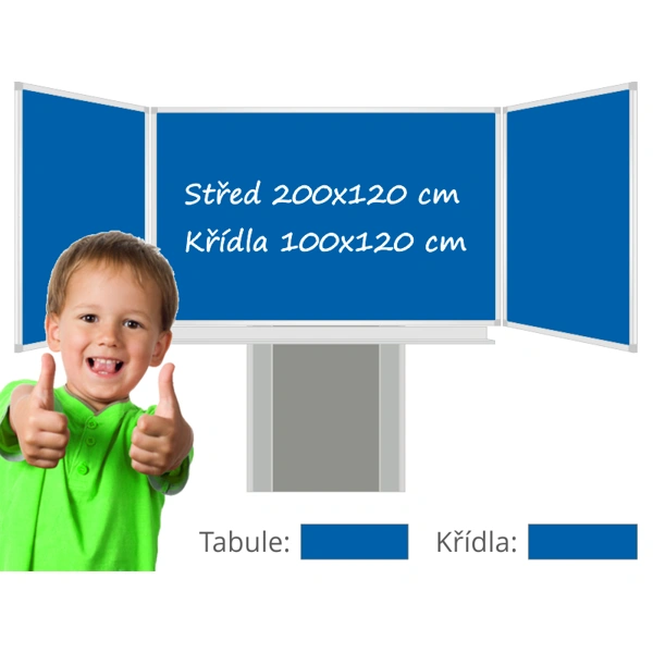 Třídílná keramická magnetická tabule Triptych 400/200x120 cm na zvedacím stojanu, modrá tabule, modrá křídla