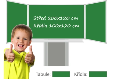 Třídílná keramická magnetická tabule Triptych 400/200x120 cm na zvedacím stojanu, zelená tabule, zelená křídla