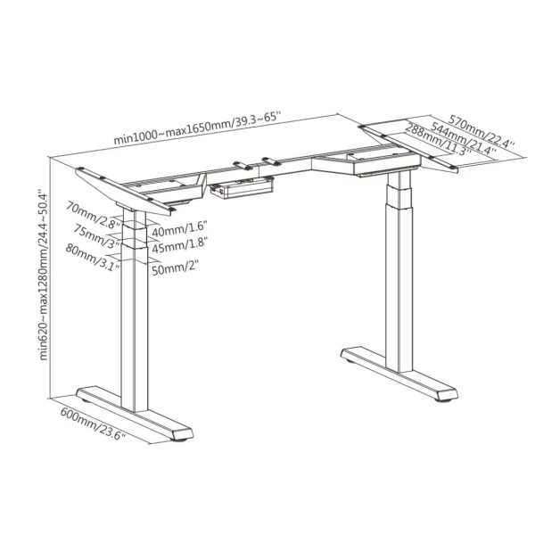 Výškově stavitelná stolová podnož Brateck M08-23DE 2 motory rozsah 620-1280 mm nosnost 100 kg